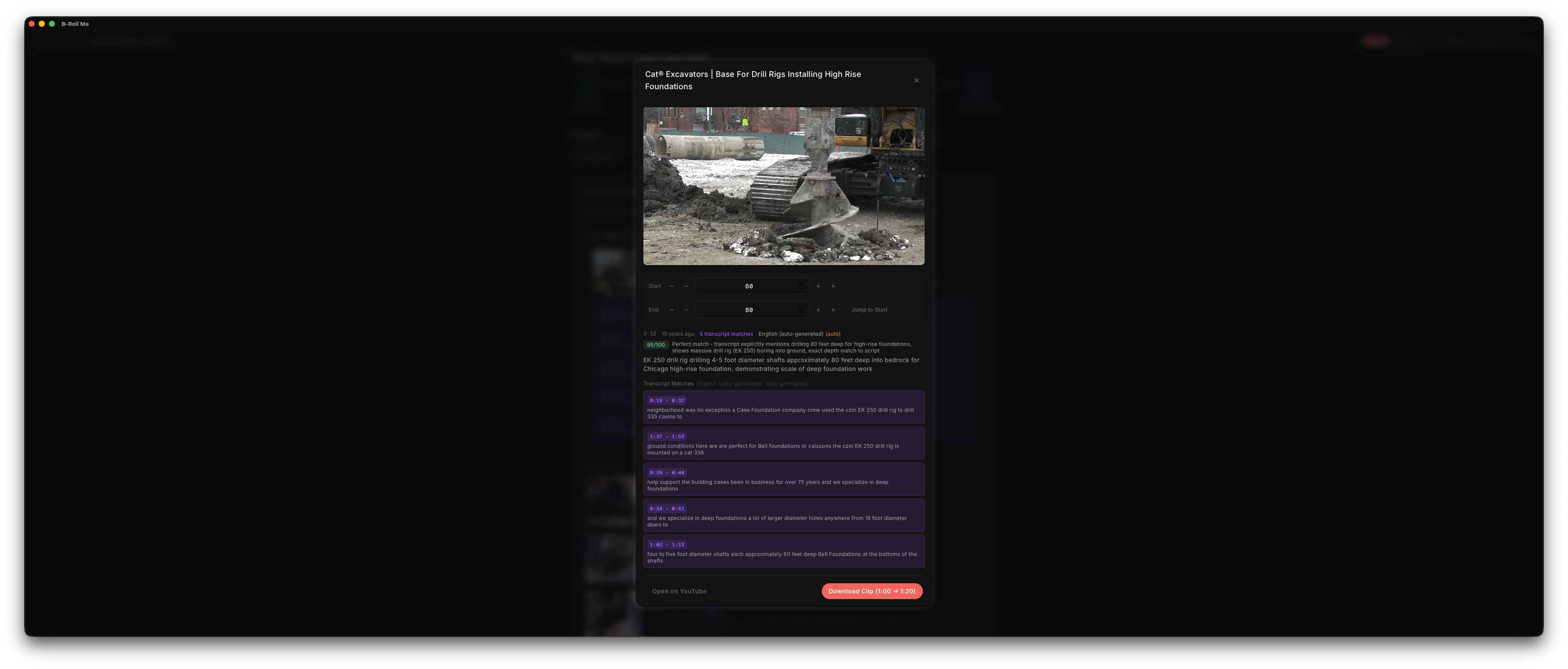 Preview modal with embedded YouTube player, time adjustment controls, and Download Clip button