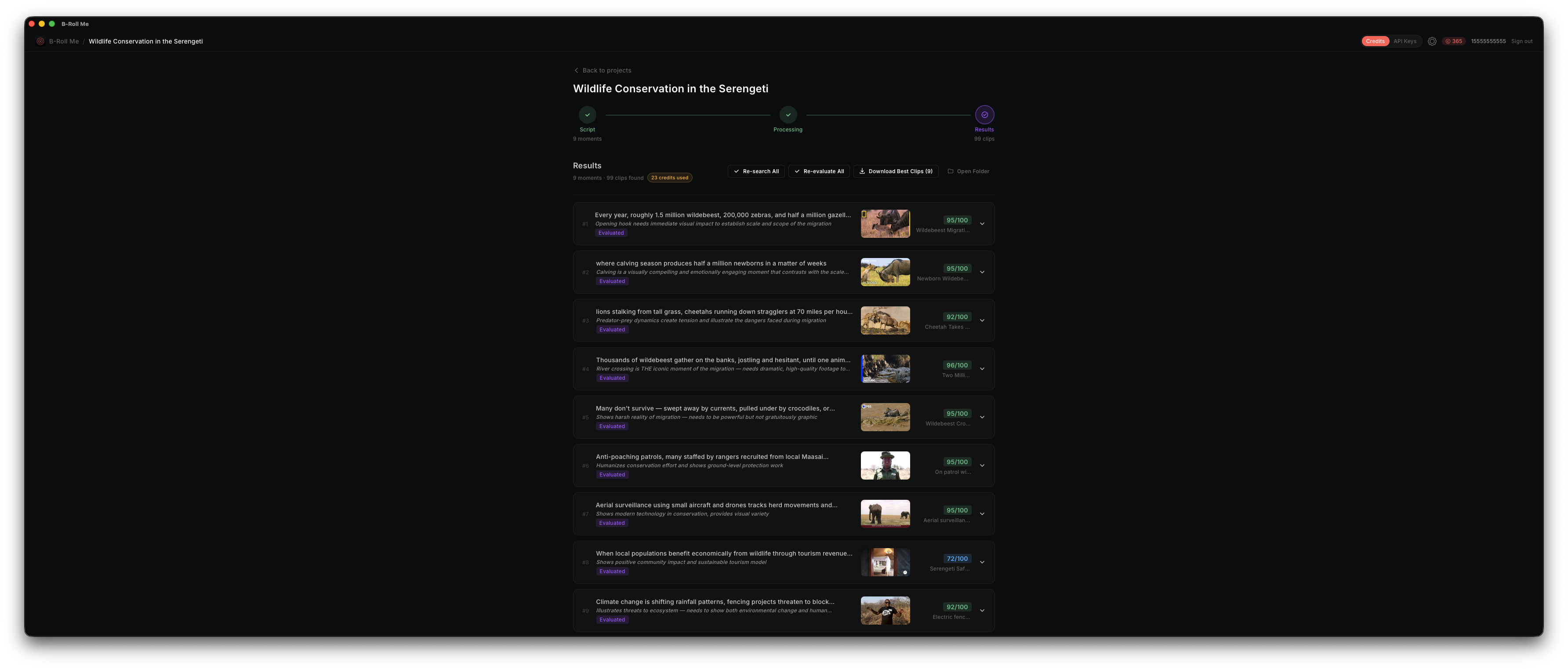 Evaluated clips with color-coded relevance score badges ranging from 85 to 95