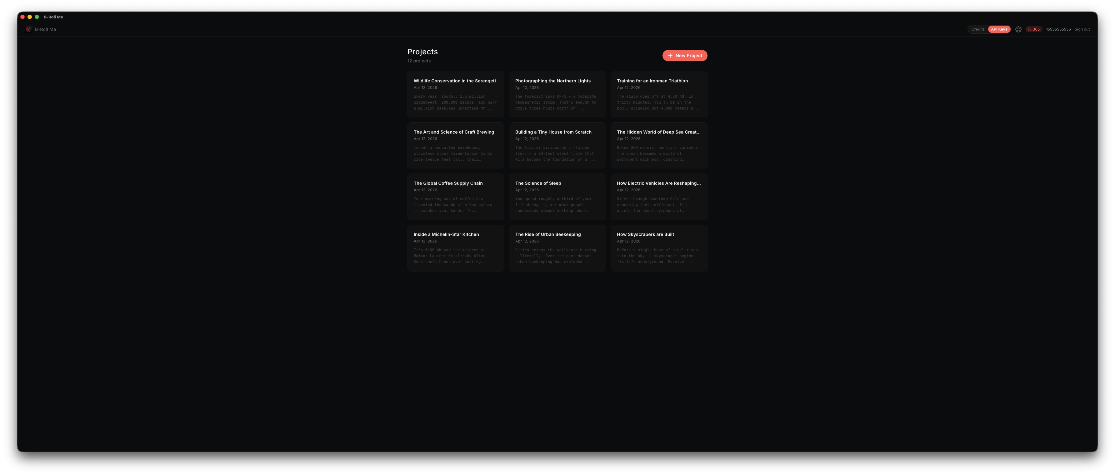 B-Roll Me Dashboard showing the app installed and running