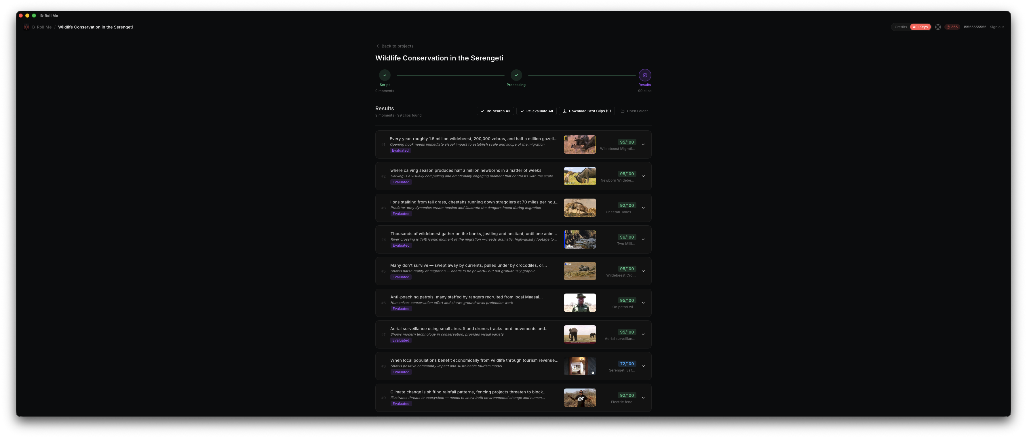 Results dashboard showing analyzed moments with evaluated clips and scores