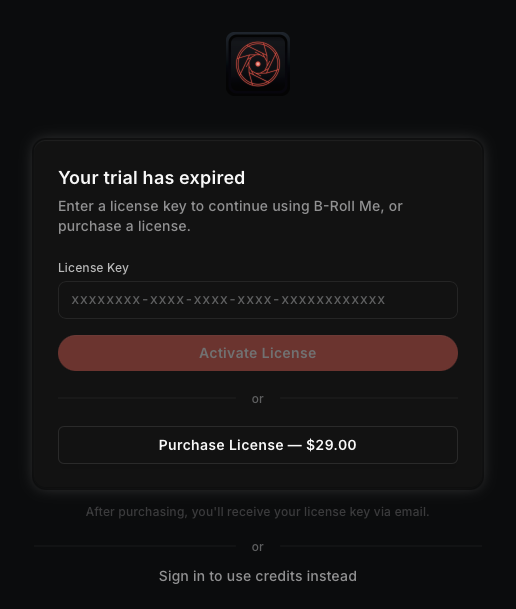 License required modal showing trial activation and license key input