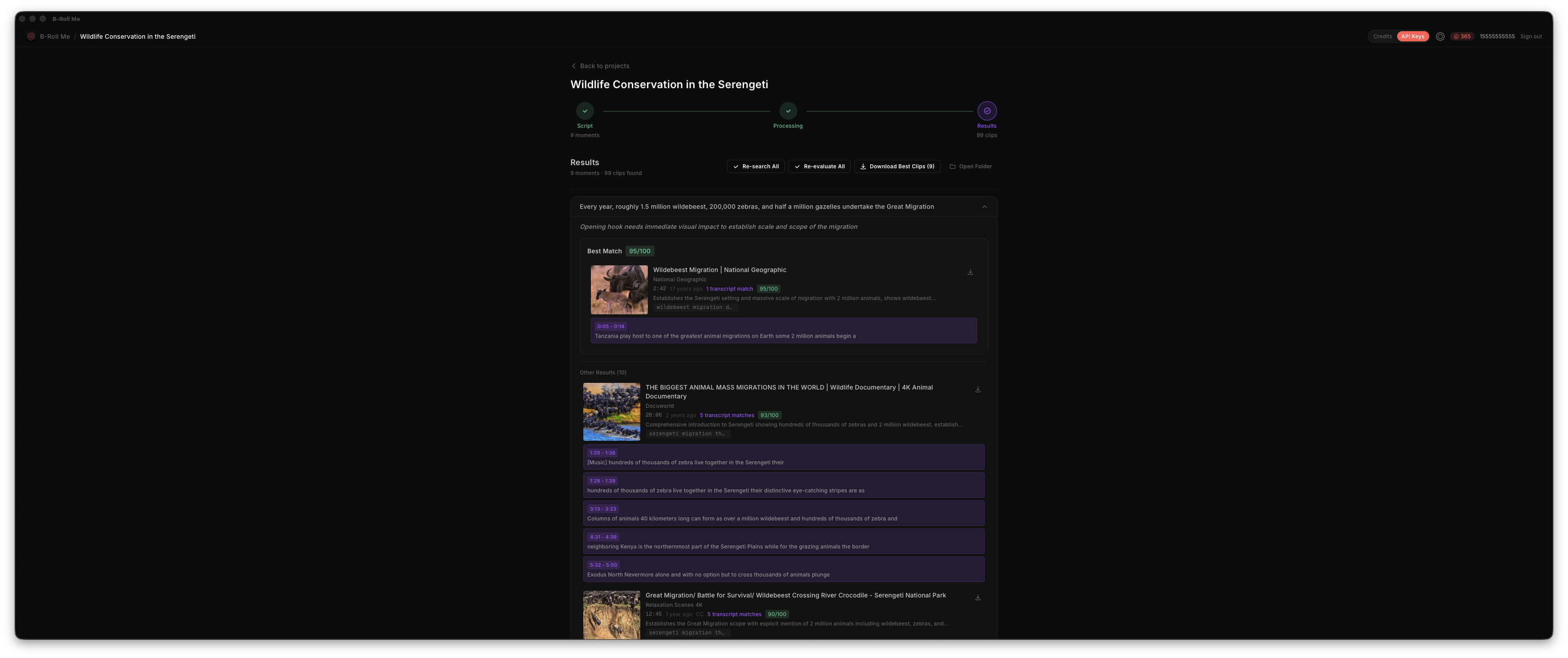 Analysis results showing moment cards with search suggestions and video results