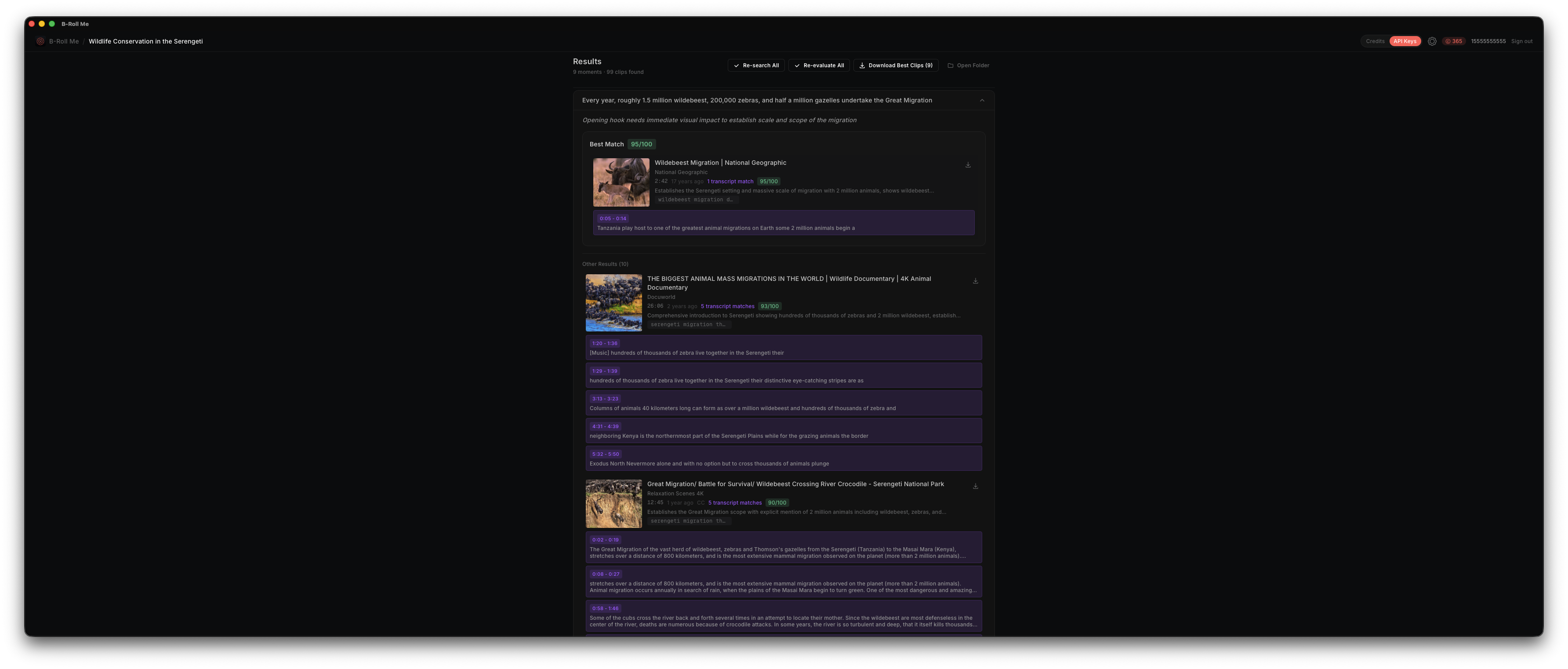 Search results showing video thumbnails, titles, channels, and transcript keyword matches