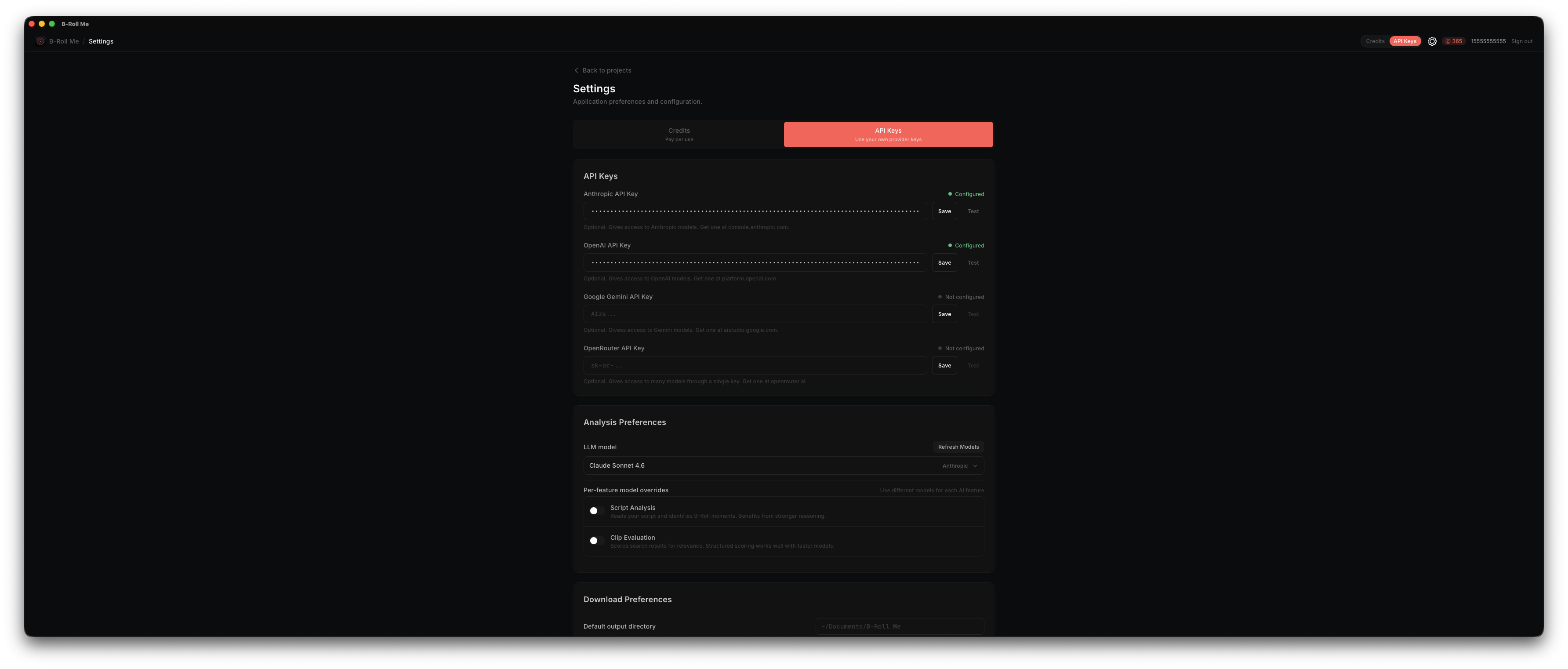 Settings page showing License, API Keys, Download Preferences, and Analysis Preferences sections